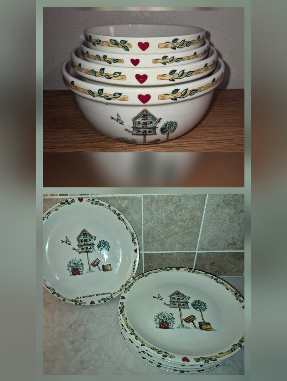 Vintage Thomson Pottery Birdhouse Dinner Plates (6) & Nesting Bowls (4)